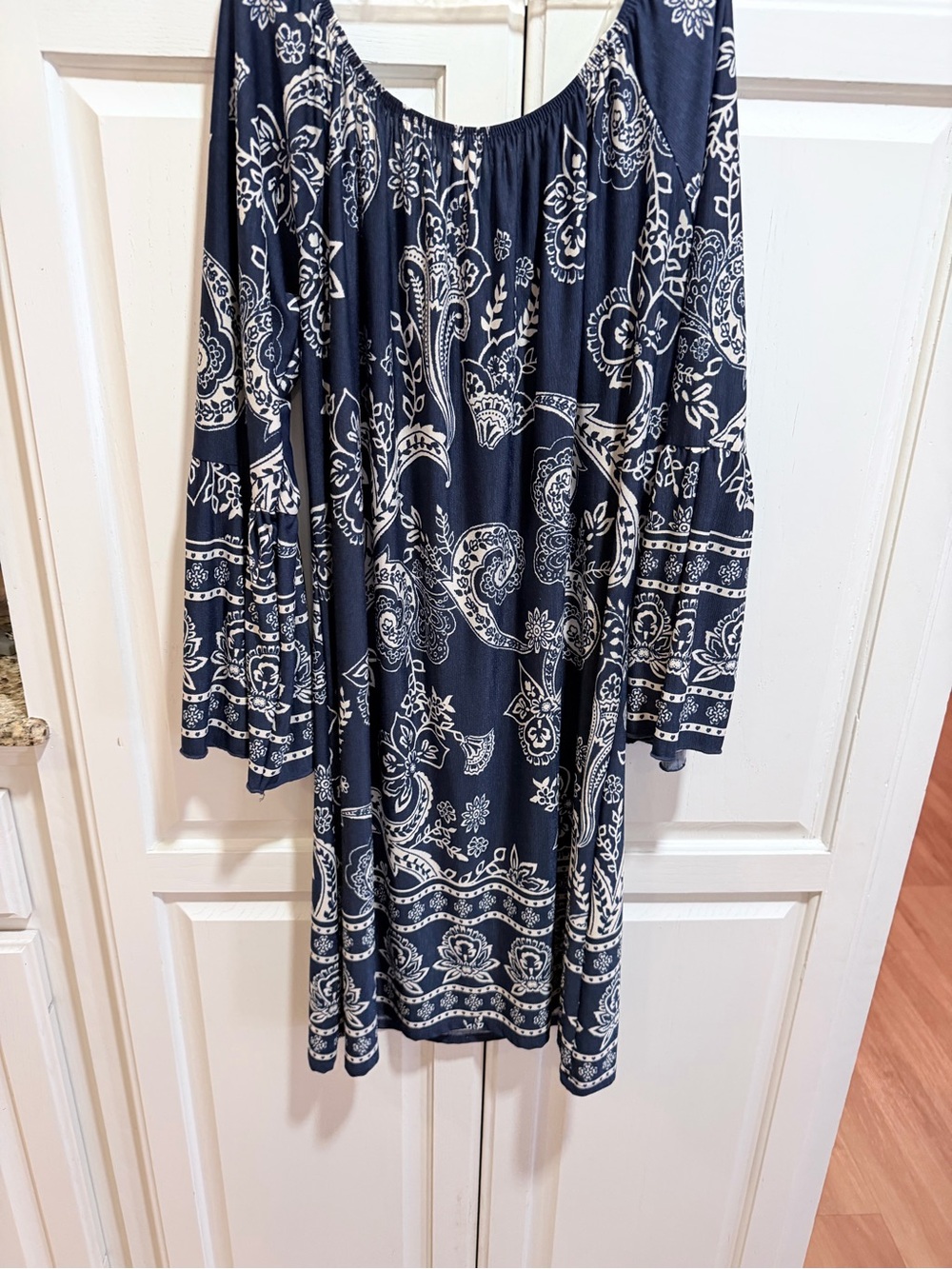 Paisley & Gray Navy and White Paisley Off-Shoulder Long Sleeve Dress